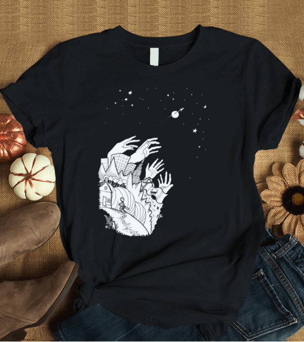 T-Shirt: Cosmic Reach of Hands on Earth with House and Stars T-Shirt Cosmic Reach of Hands on Earth with House and Stars T-Shirt