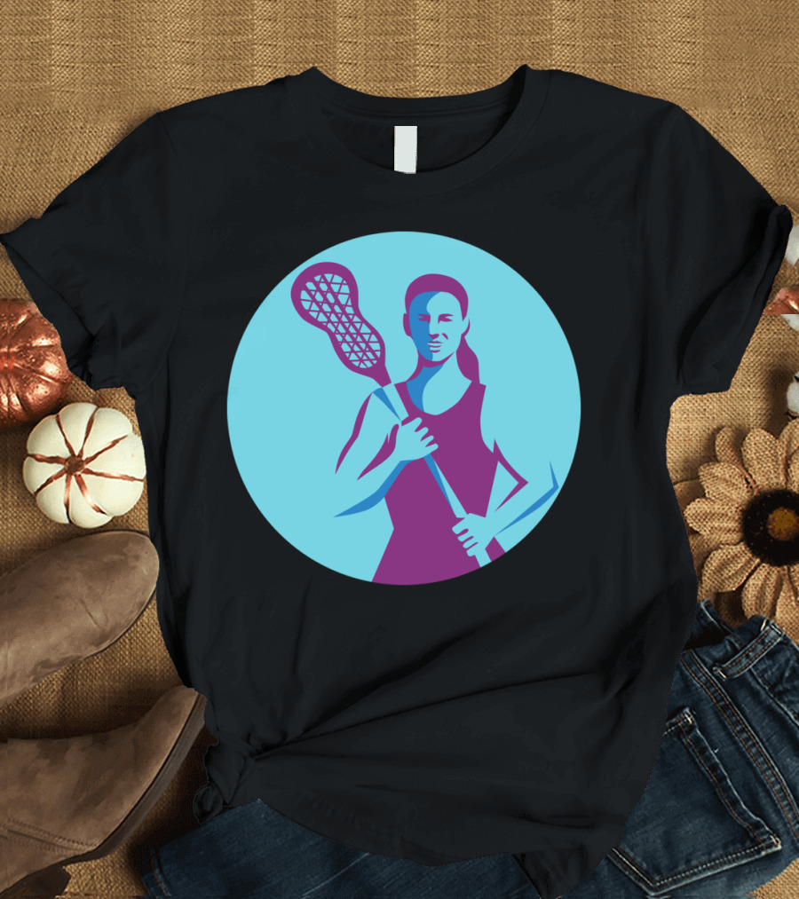 Female Lacrosse Player Stick Circle Icon Aqua Violet T-Shirt