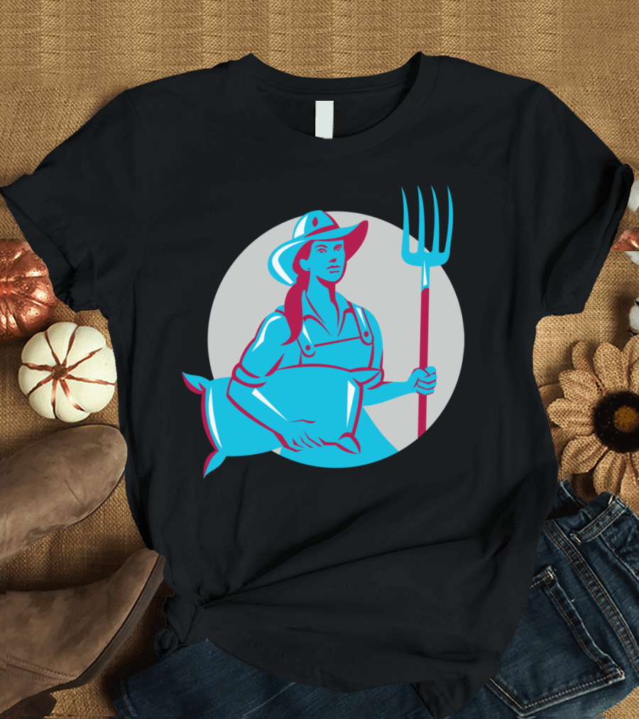 Female Organic Farmer Holding Sack and Pitchfork in Circular Emblem T-Shirt