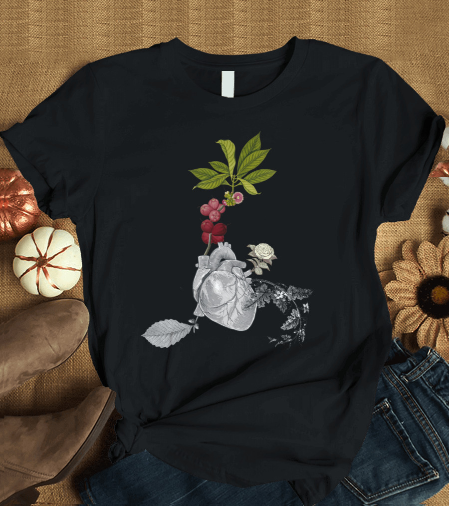 GROWING ROOTS Botanical Heart with Leaves and Flowers T-Shirt