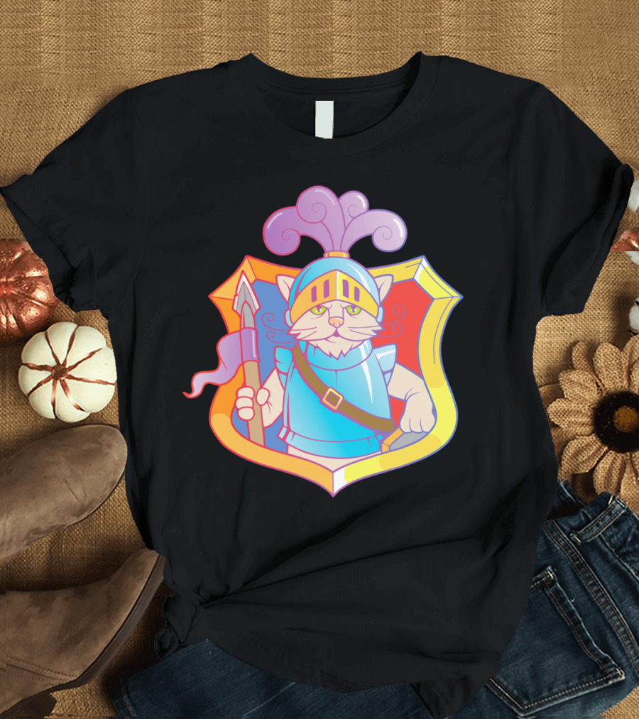 Cat Knight Cartoon with Armor and Crested Helmet in Shield Badge T-Shirt