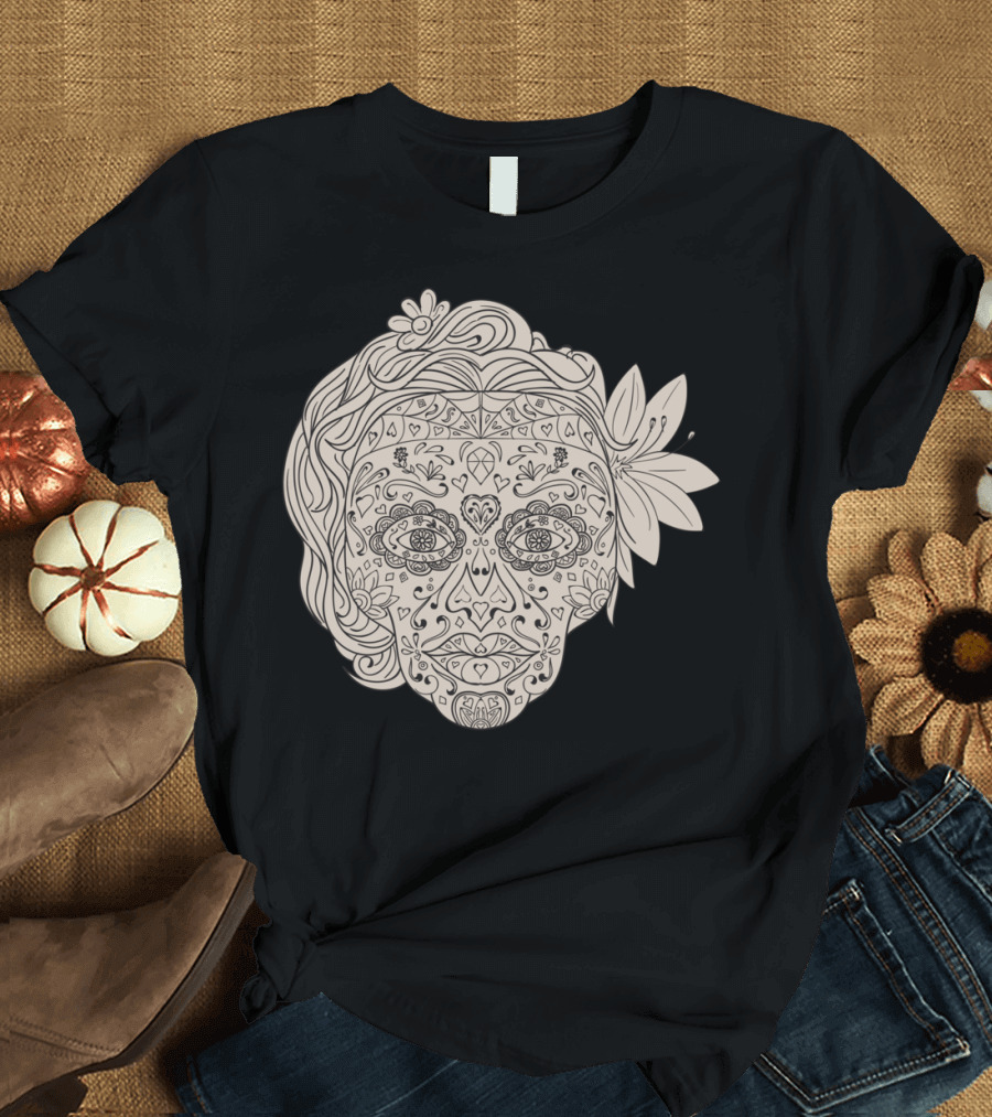 Female Sugar Skull Calavera Floral Line T-Shirt