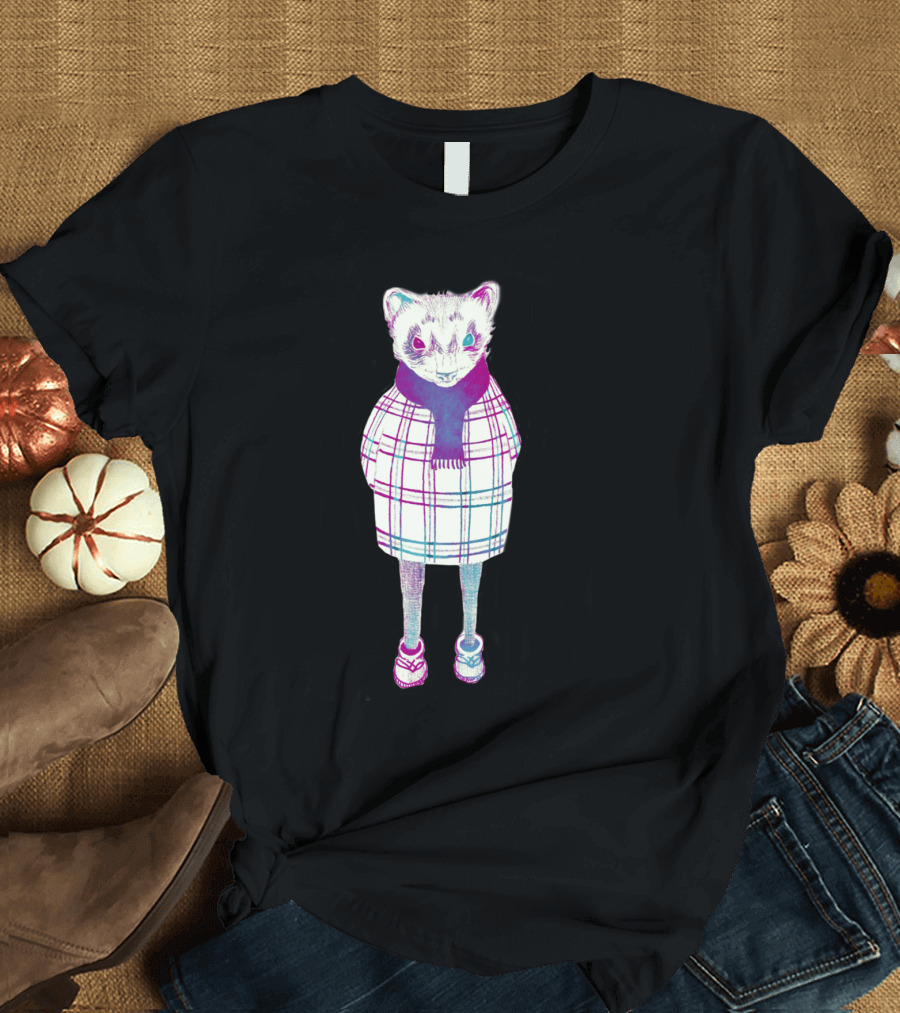 Ferret In Plaid Coat with Scarf and Sneakers T-Shirt