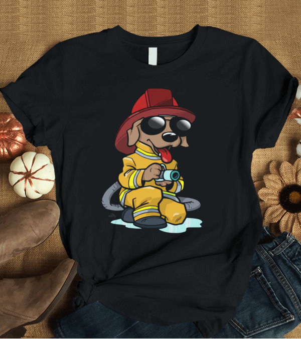 T-Shirt: Firefighter Cartoon Dog in Yellow Suit with Sunglasses and Red Helmet T-Shirt Firefighter Cartoon Dog in Yellow Suit with Sunglasses and Red Helmet T-Shirt