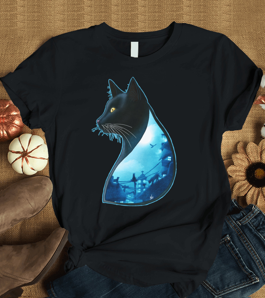 Guardians Of The Night Cat Silhouette Moonlit Rooftops Scene T-Shirt