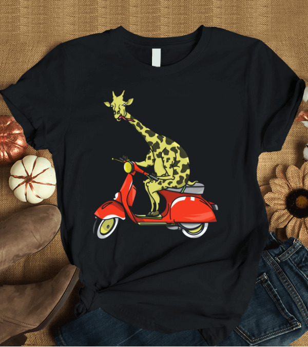 T-Shirt: Giraffe Riding a Red Moped T-Shirt Giraffe Riding a Red Moped T-Shirt