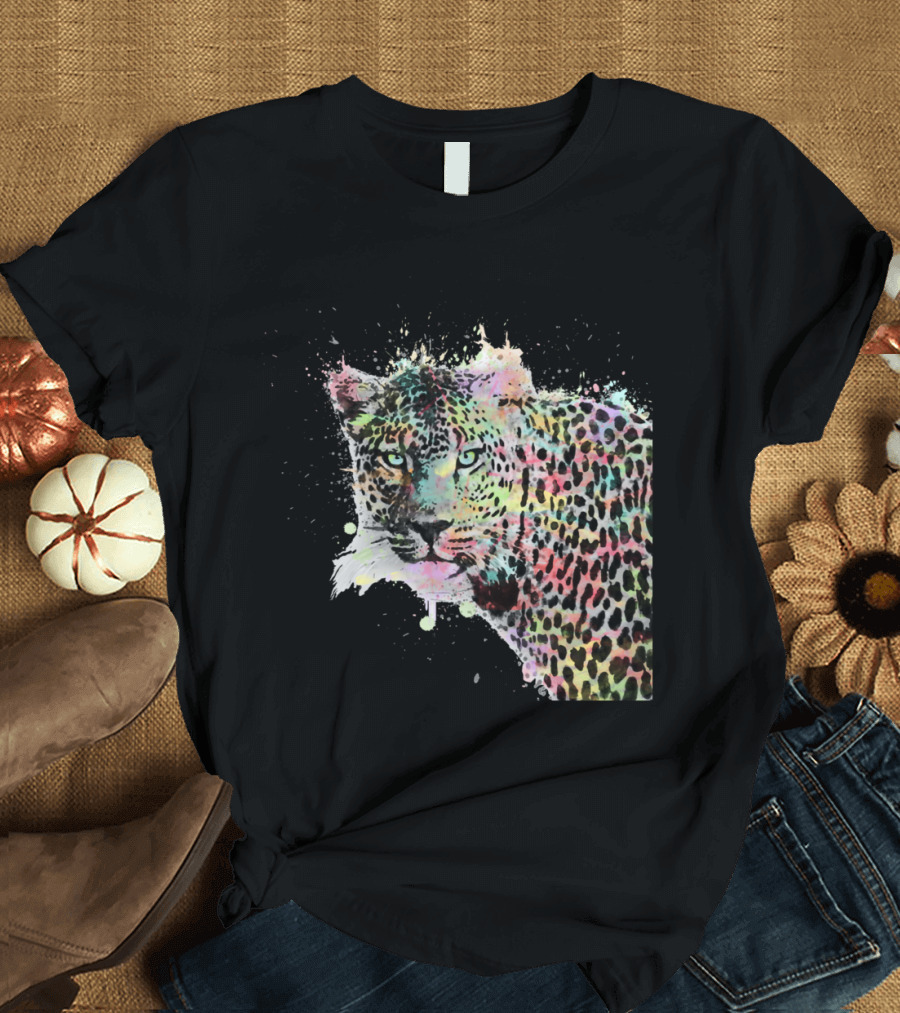 Cool Leopard Animal Watercolor Splatters Colorful Wildlife Expression T-Shirt