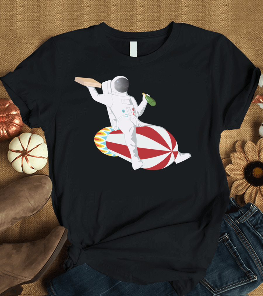 Astronaut Riding Rocket with Pizza and Champagne T-Shirt