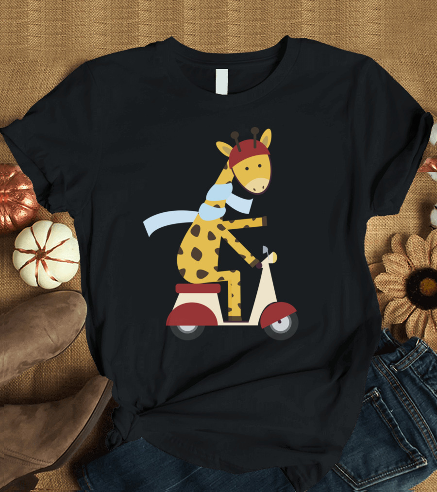 Giraffe Riding Scooter with Red Helmet and Blue Scarf T-Shirt