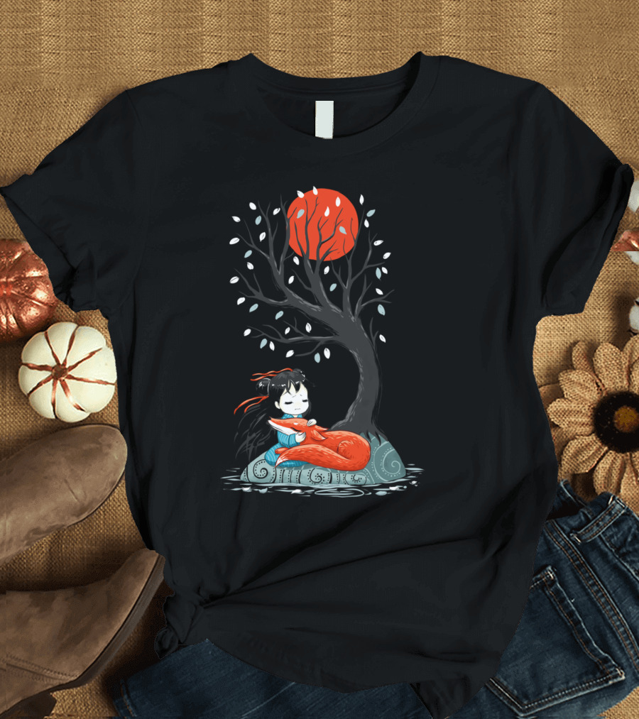 Girl and a Fox Under Red Moon Tree T-Shirt