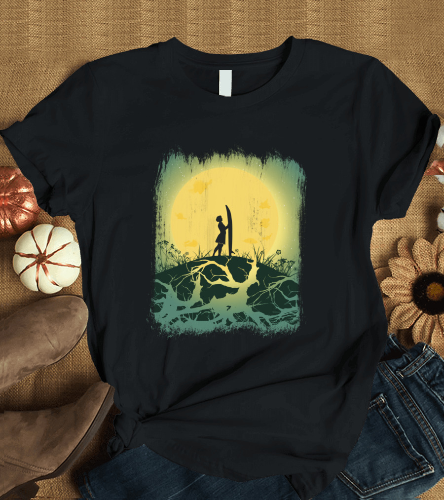 Girl Silhouette with Surfboard Against Blazing Sun and Nature Scene T-Shirt