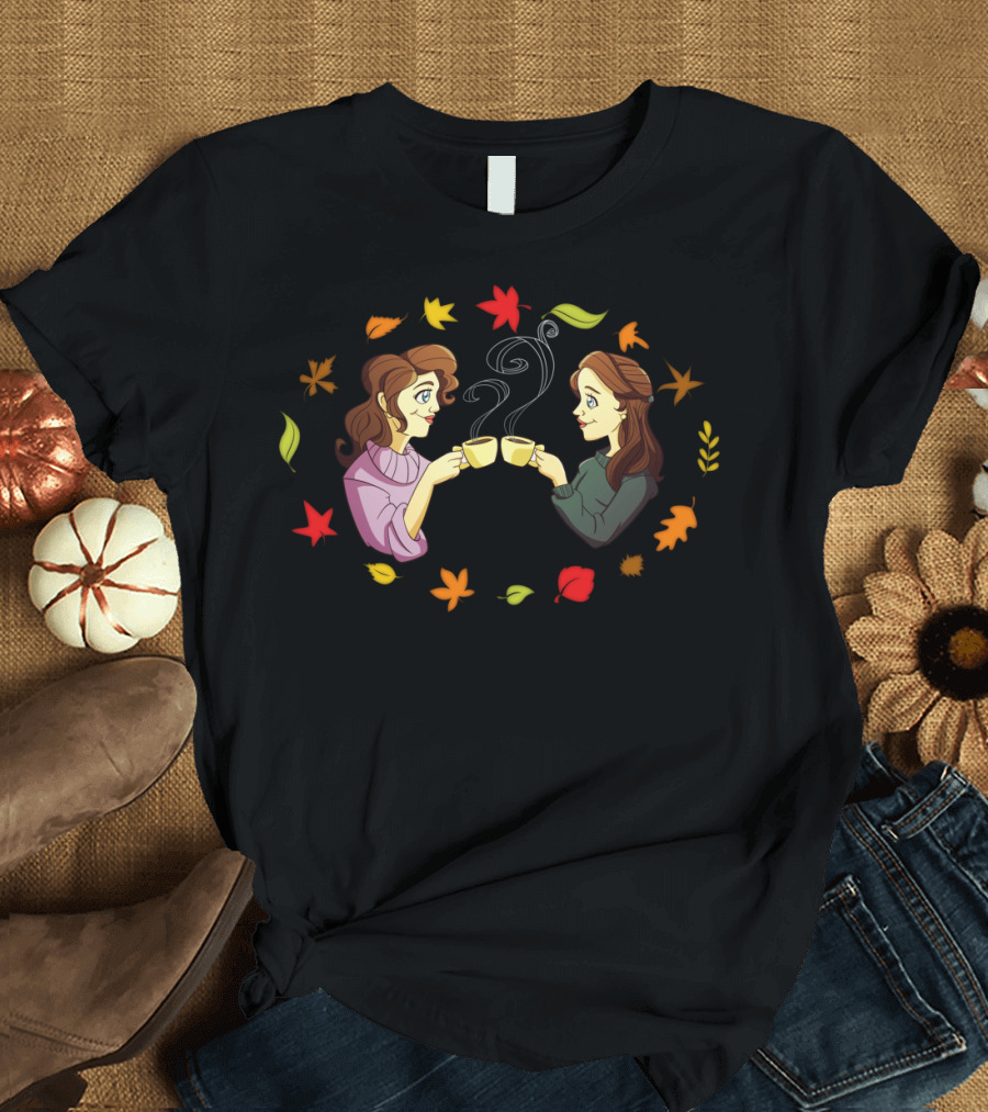 Girls Just Wanna Have Coffee Autumn Leaves Cozy Chatting Friends T-Shirt