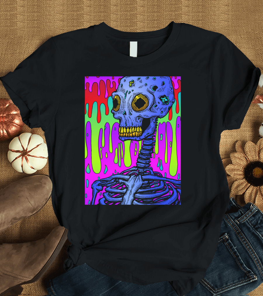 Attentive Psychedelic Zombie Skeleton with Melting Drip Background T-Shirt
