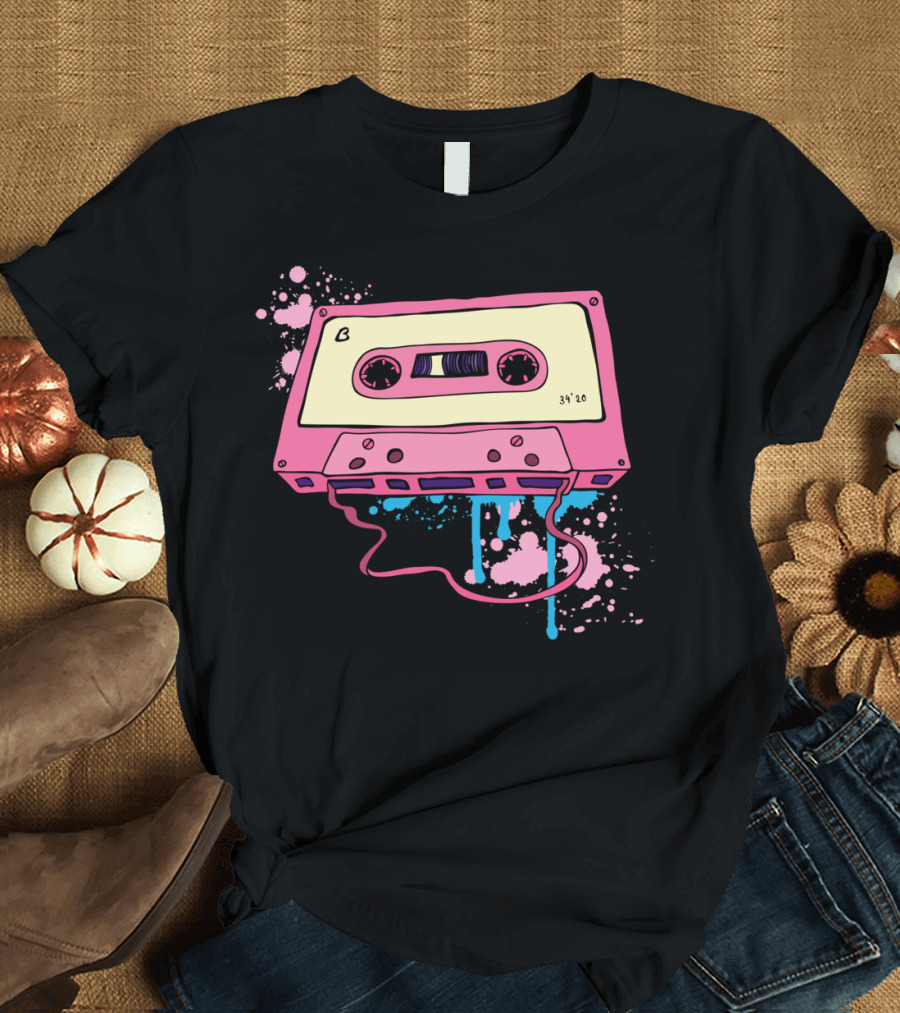 Retro Pink Audio Cassette with Paint Splatter T-Shirt