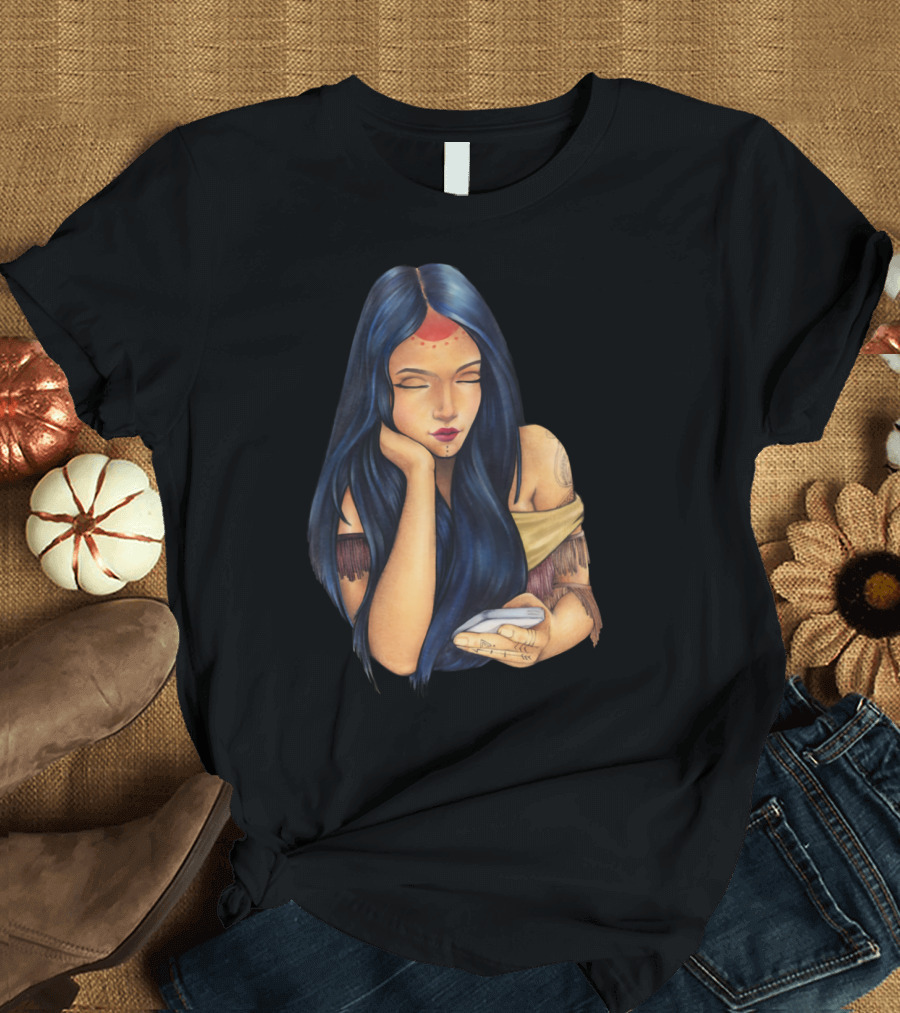 Pocahontas Style Blue Hair Woman with Mobile Device T-Shirt