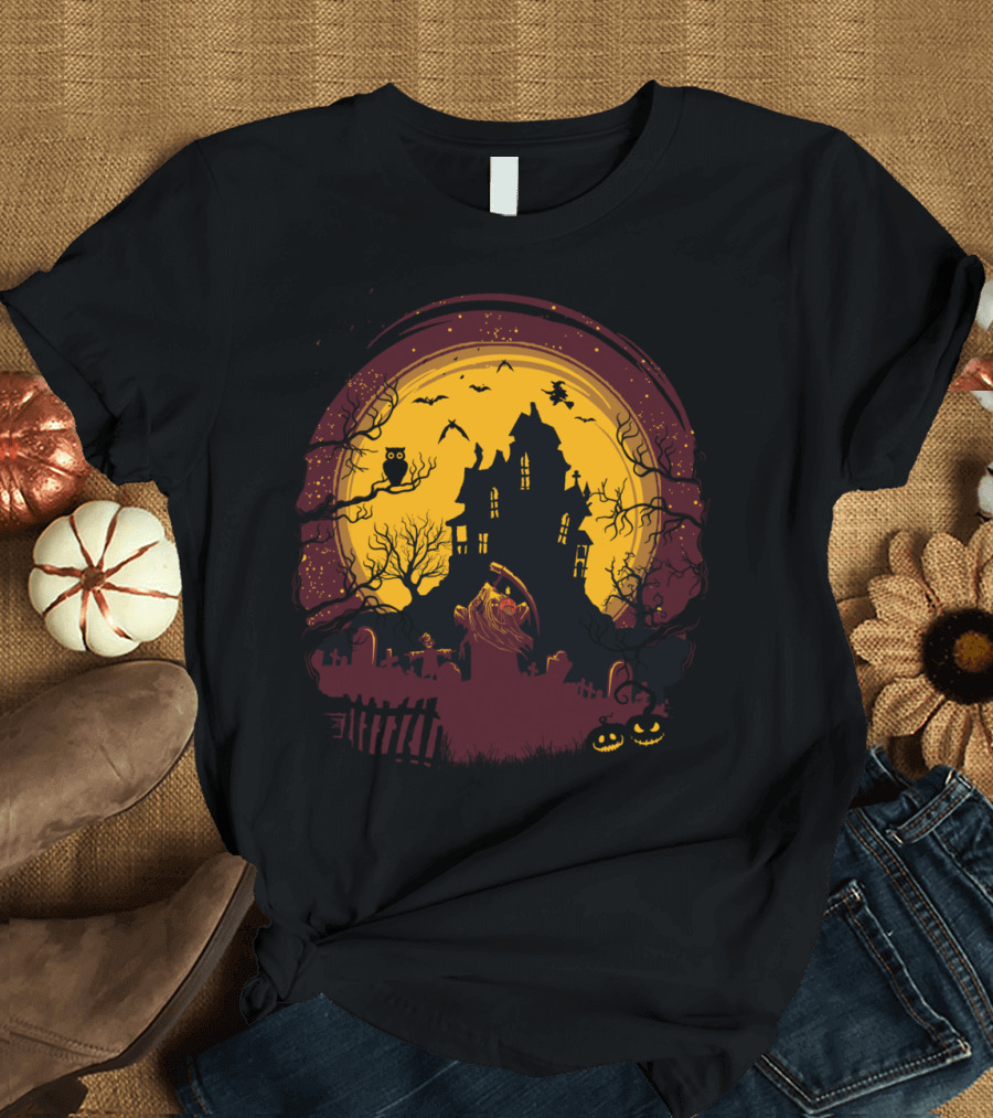Grim Reaper and Haunted House Under Full Moon with Bats Owls and Jack-O'-Lanterns T-Shirt