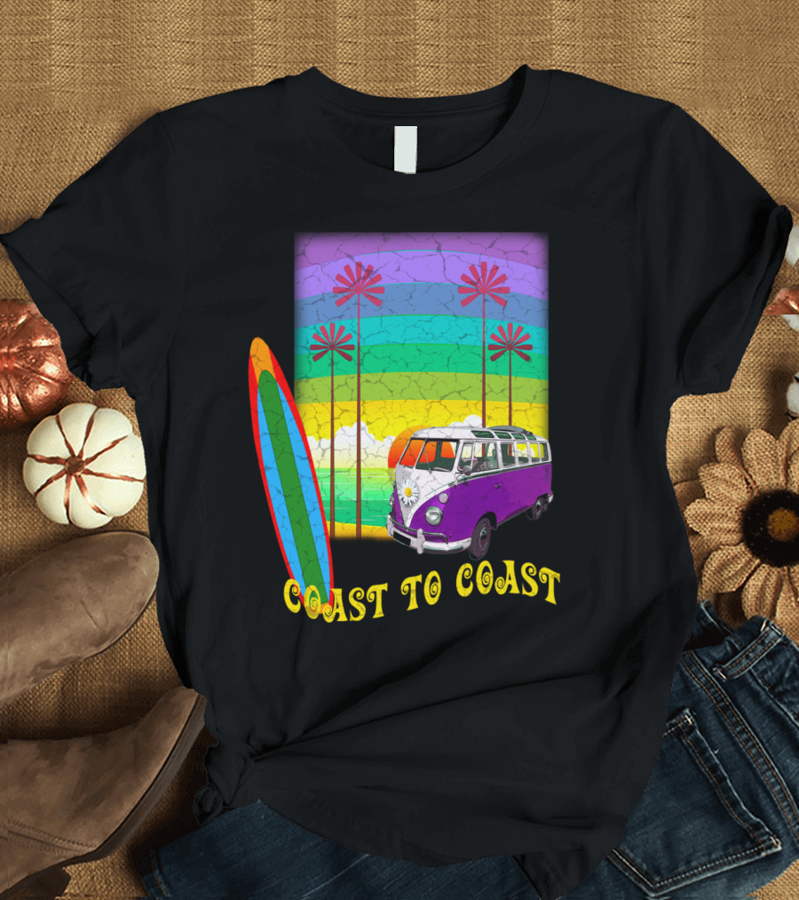 Coast to Coast Classic Surfing Van and Palm Trees Retro Vibes T-Shirt