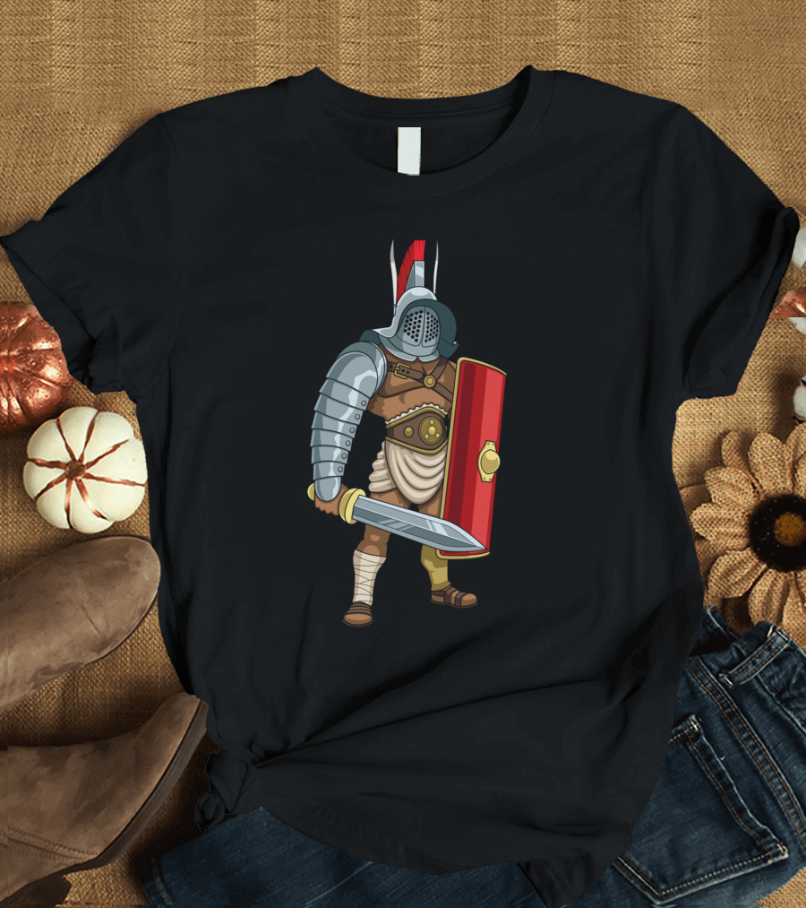 Gladiator Roman Warrior with Helmet, Armor, Shield, and Sword T-Shirt