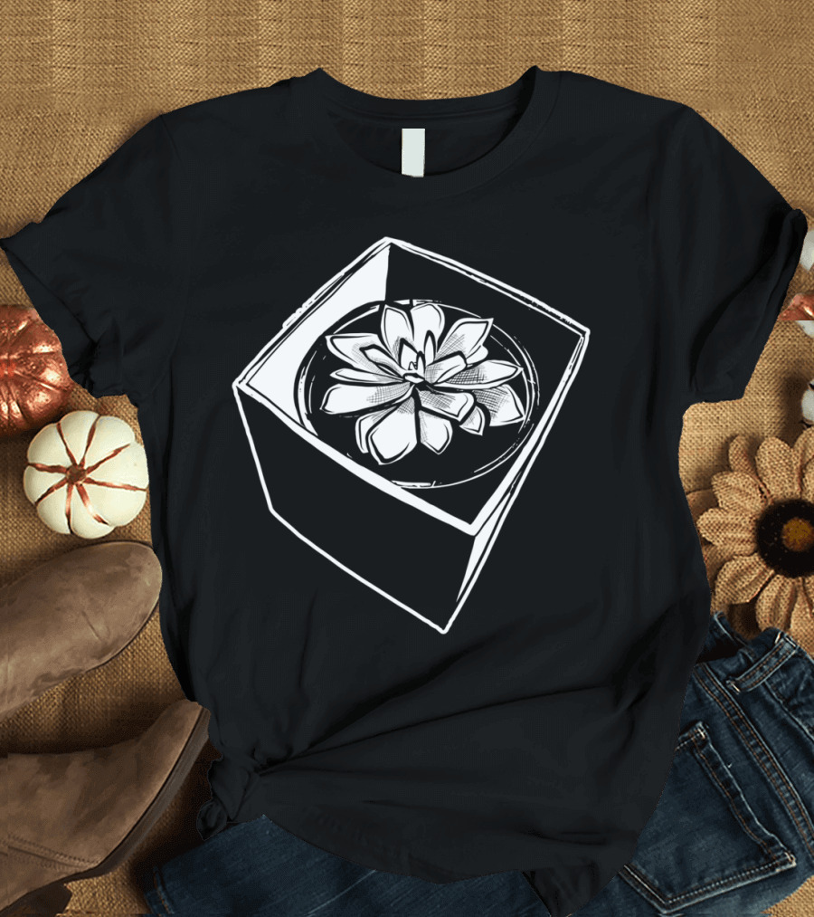 Black And White Striking Succulent Sketch In Planter Box T-Shirt