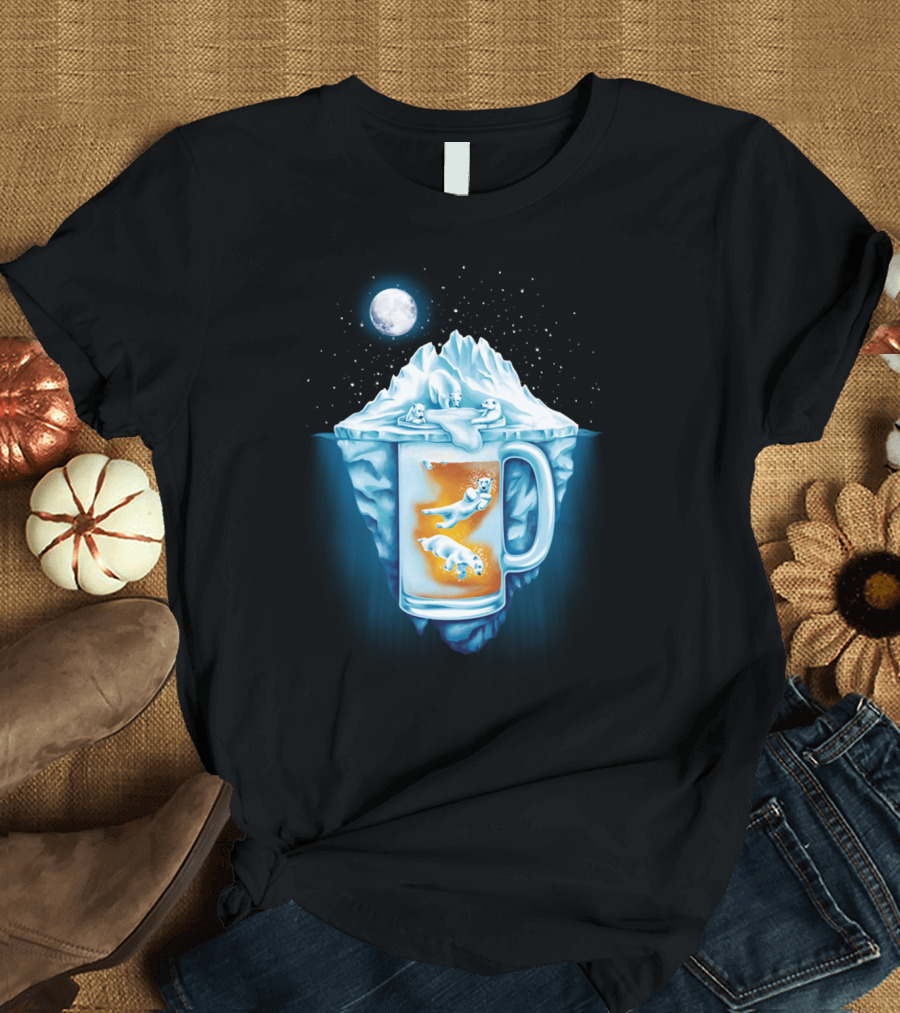 Iceberg Polar Bears Swimming in Beer Glass Under Moonlit Sky T-Shirt