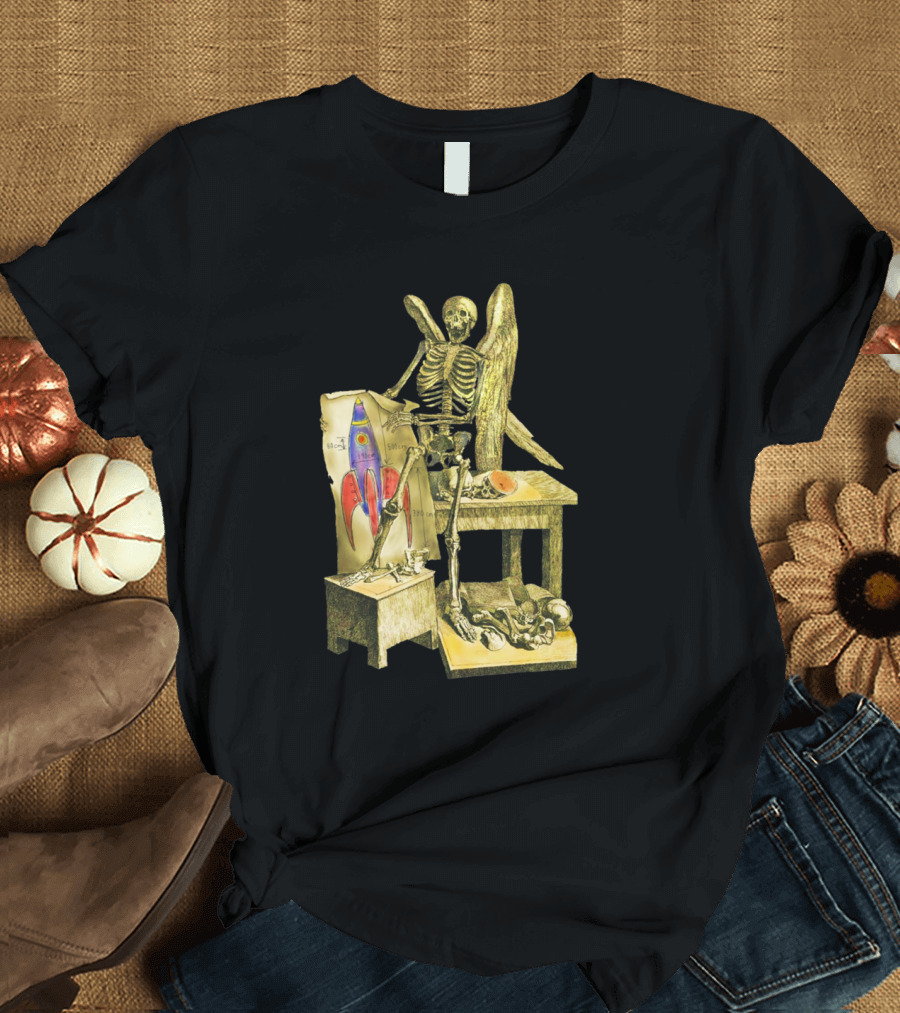 Messenger Skeleton with Rocket Blueprint and Angel Wings T-Shirt