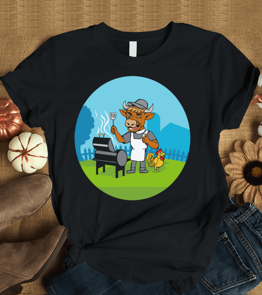 Clergy Cow Minister Barbecue Chef with Rooster by Grill T-Shirt
