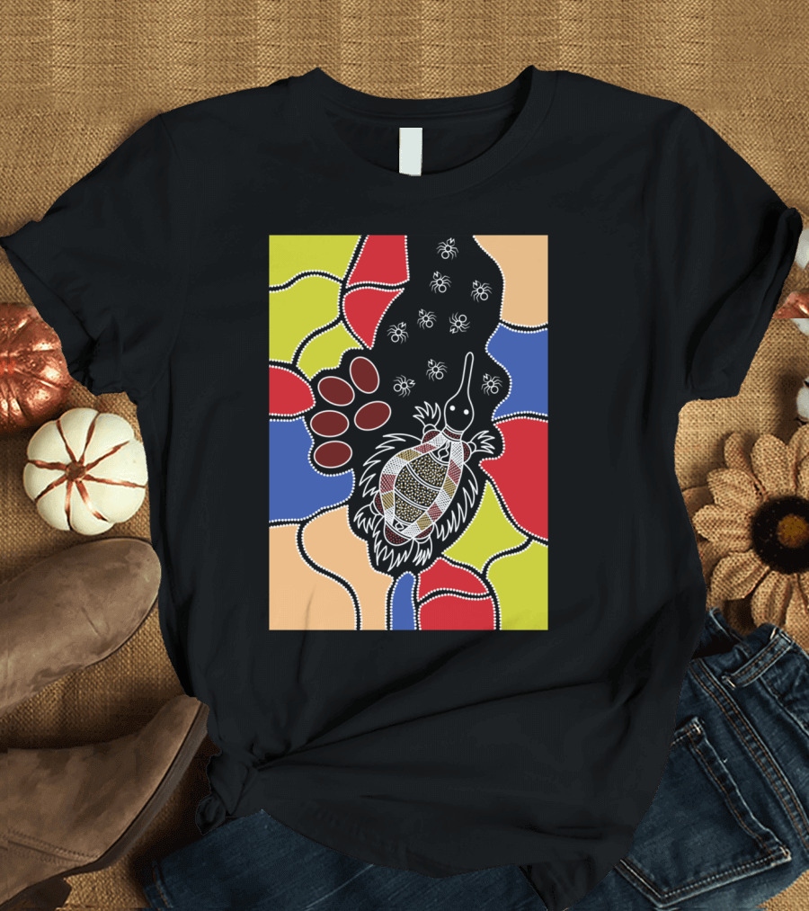 Authentic Aboriginal Art Echidna Dreaming with Colorful Geometric Patterns and Animal Motifs T-Shirt