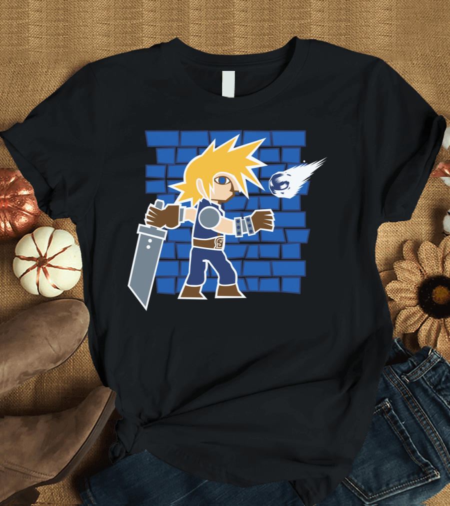 Chibi Cloud Strife Battle Stance with Buster Sword and Mysterious Blue Brick Wall Background T-Shirt