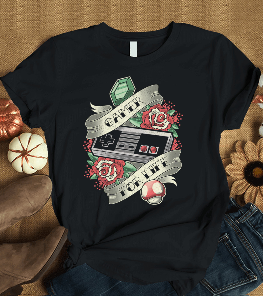 Gamer For Life Retro Controller Roses Mushroom and Gem Fusion T-Shirt