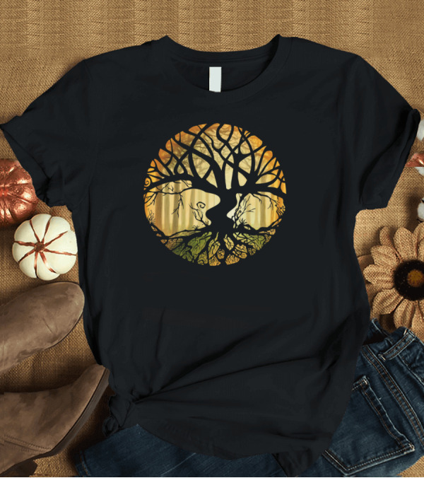 T-Shirt: Circular Druid Tree with Intricate Branches and Roots Forest Background T-Shirt Circular Druid Tree with Intricate Branches and Roots Forest Background T-Shirt