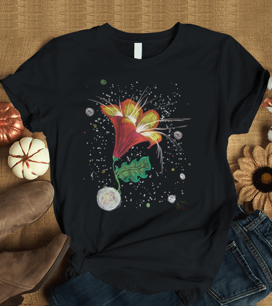 Red Lily Blooming in Cosmic Space with Swirling Stars T-Shirt