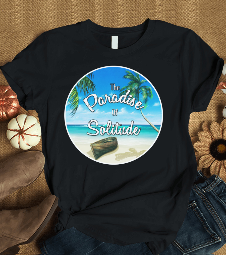 The Paradise Of Solitude Ocean View with Palm Trees and Boat T-Shirt