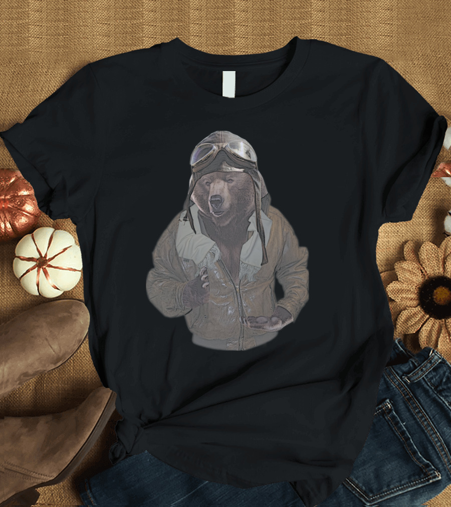 Fighter Pilot Bear Wearing Aviator Helmet and Leather Jacket T-Shirt