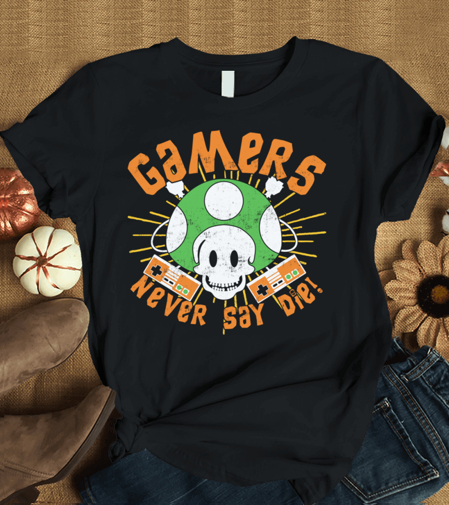 Gamers Never Say Die Skull Mushroom Game Controllers T-Shirt
