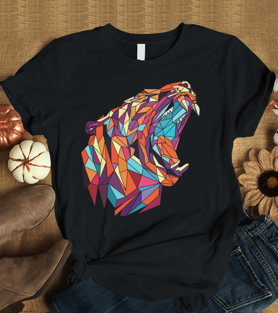 Polygonal Geometric Multicolor Tiger Roaring Composition T-Shirt