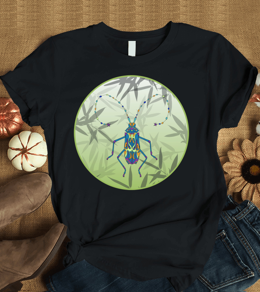 Colorful Insect with Bamboo Leaves and Unique T-Shirt