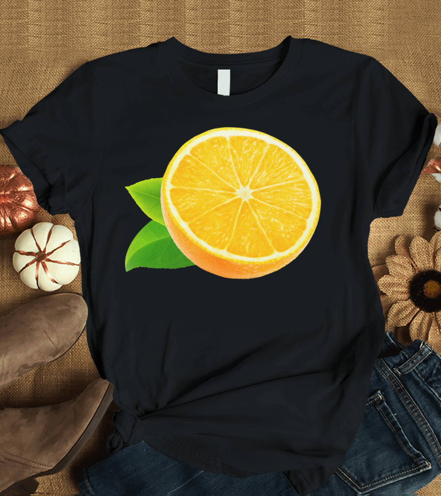 Half Of Orange Fruit Slice With Leaves T-Shirt