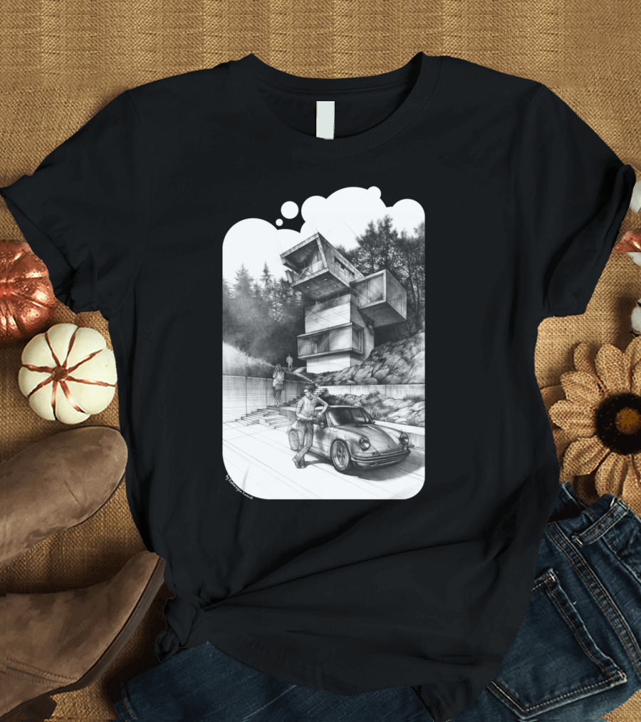 Modern House Forest Architecture with Classic Car Scene T-Shirt