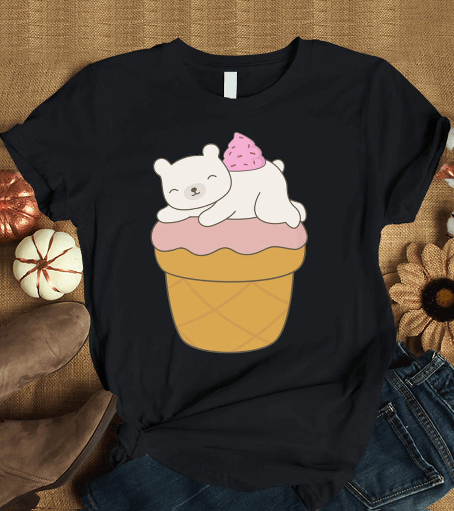 Kawaii Cute Bear Sleeping on Ice Cream Cone Dessert T-Shirt