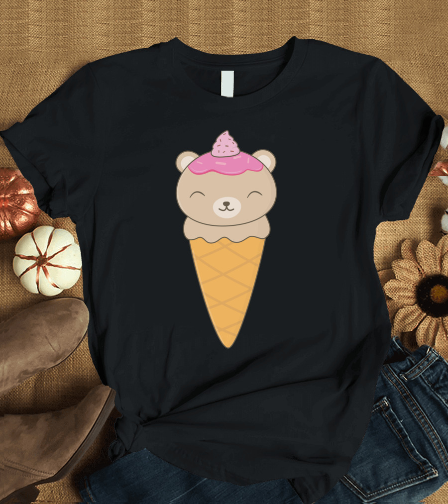 Kawaii Brown Bear Ice Cream Cone with Pink Frosting T-Shirt