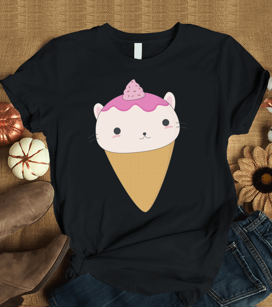 Kawaii Cat Ice Cream Cone Pastel Pink Whipped Topping T-Shirt