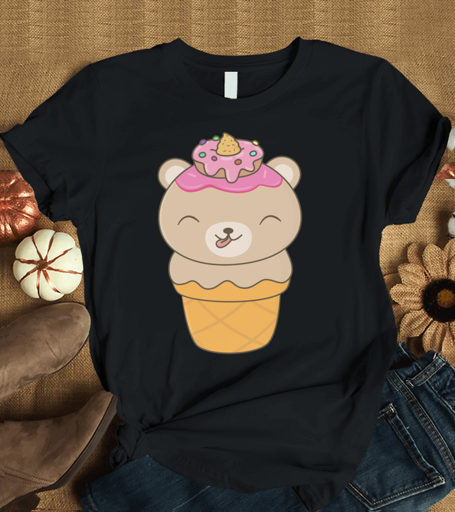 Kawaii Cute Bear Ice Cream Cone with Sprinkles and Pink Frosting T-Shirt
