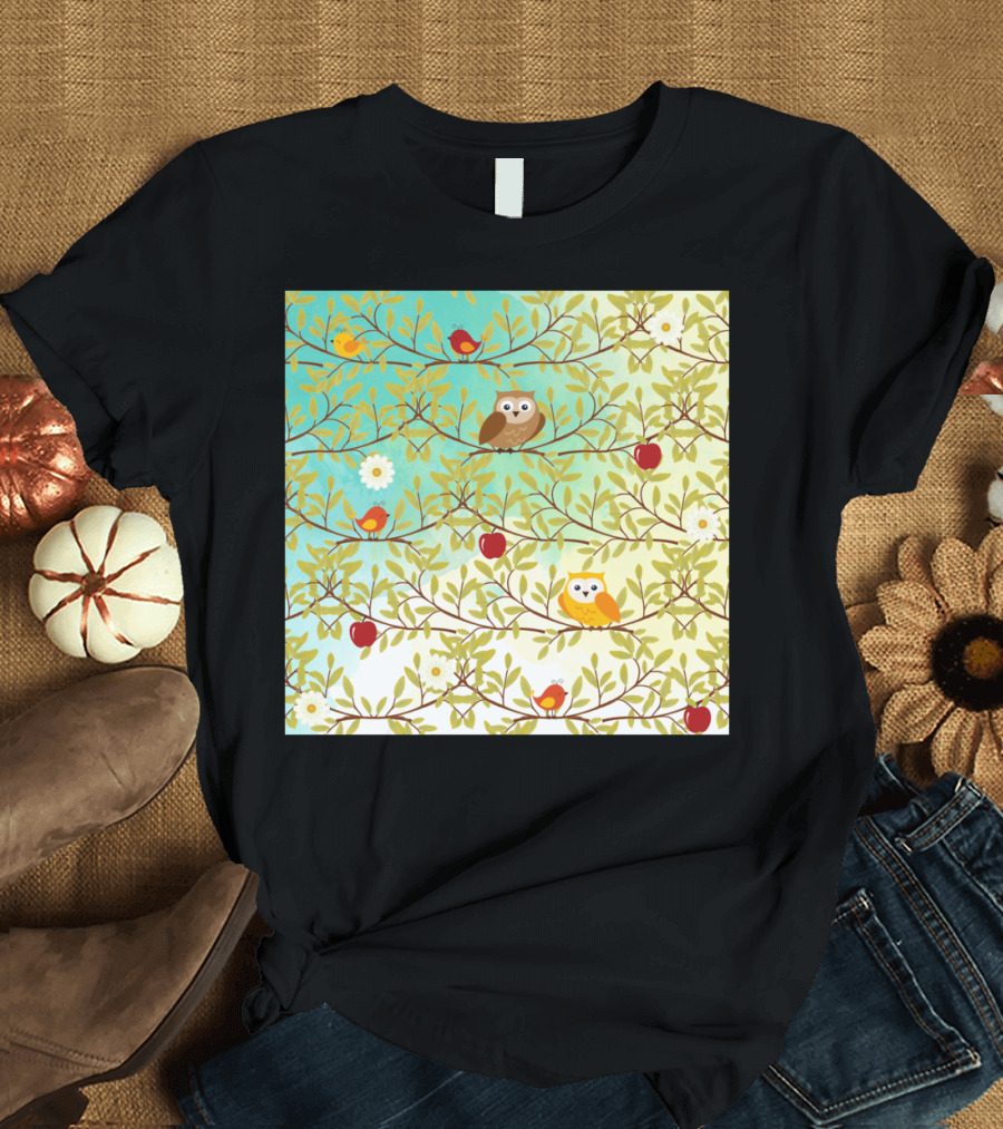 Autumn Owls and Songbirds on Branches with Apples and Flowers T-Shirt