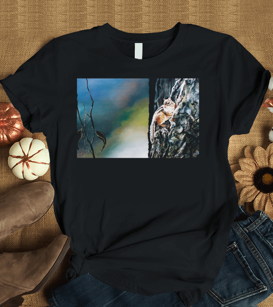 Autumn Dawn Chipmunk on Tree Bark with Fading Leaves T-Shirt