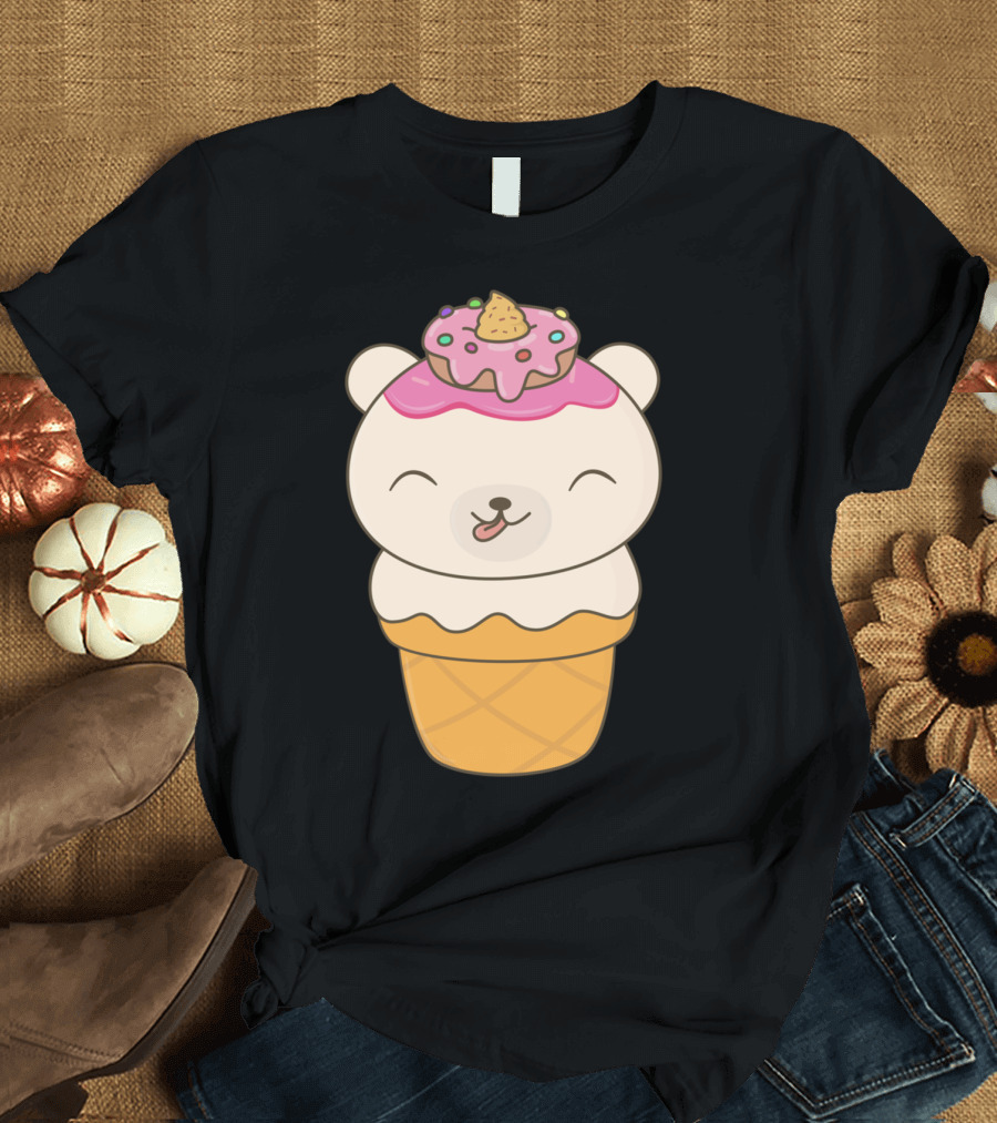 Kawaii Cute Polar Bear in Waffle Cone with Donut Hat Ice Cream Cone T-Shirt