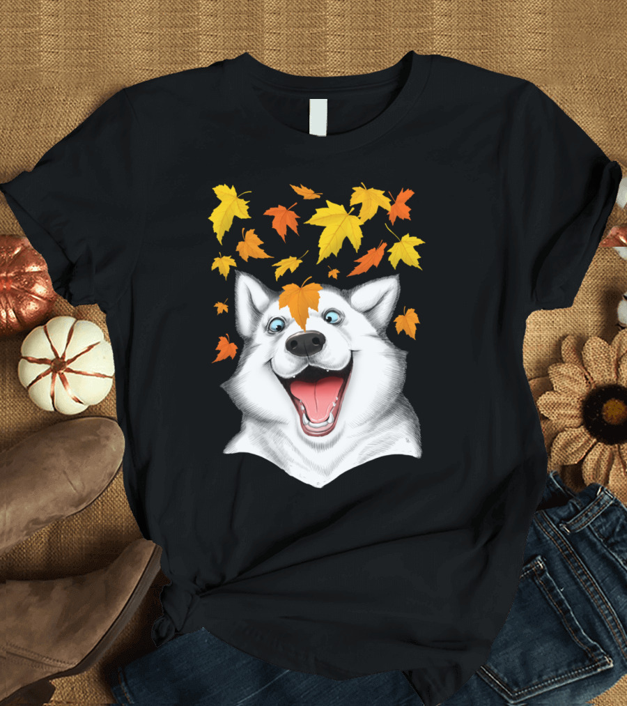 Playful Autumn Leaves with Excited Husky T-Shirt