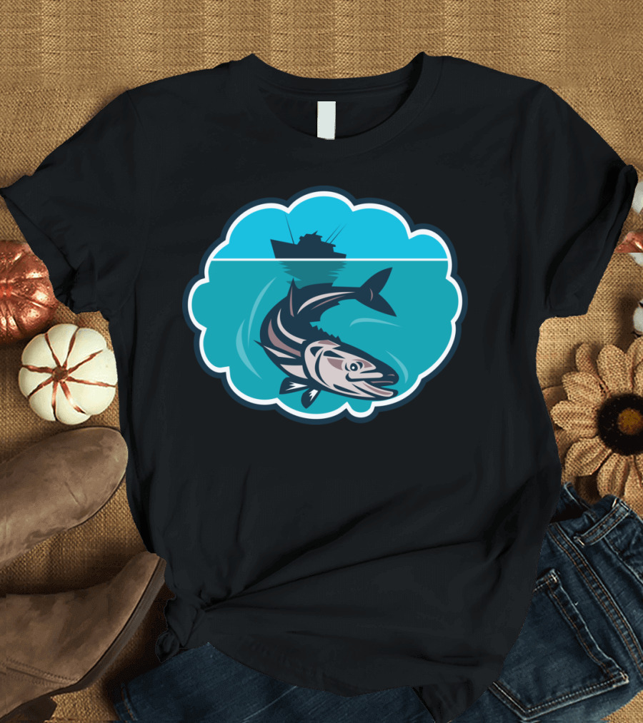 Cobia Fish Underwater with Fishing Boat Silhouette and Blue Bubble T-Shirt