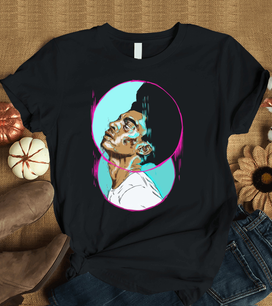 Afro Man Stylized Artistic Portrait with Bold Color Contrast T-Shirt