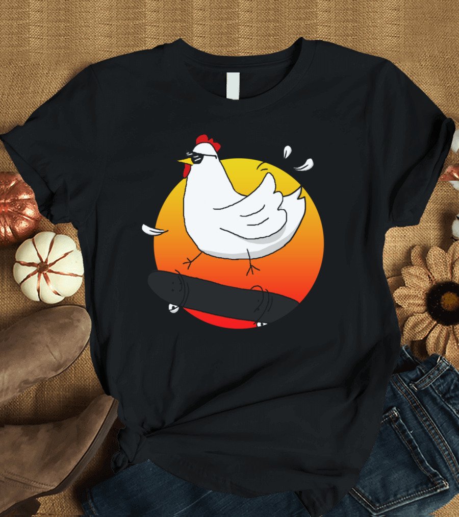 Cock A Doodle Cool Chicken Skateboarding Sunset T-Shirt