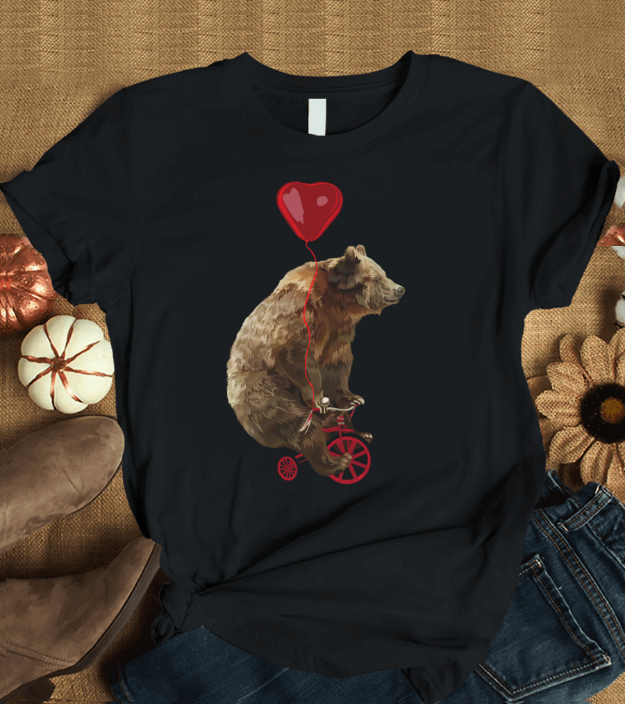 Big Bear Rides Bicycle with Heart Balloon T-Shirt